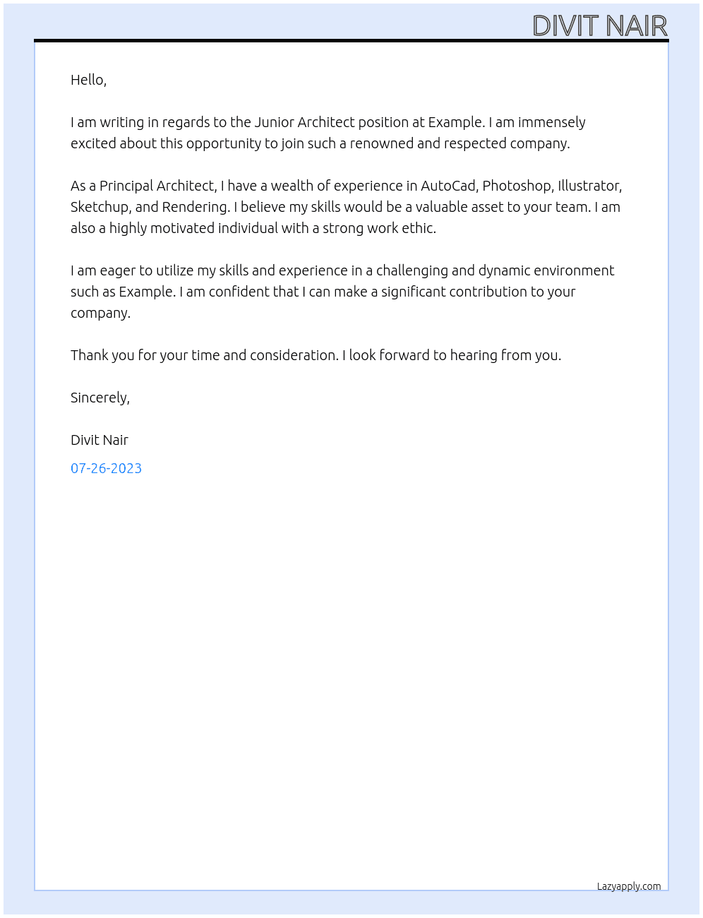 Junior Architect At Example Cover Letter