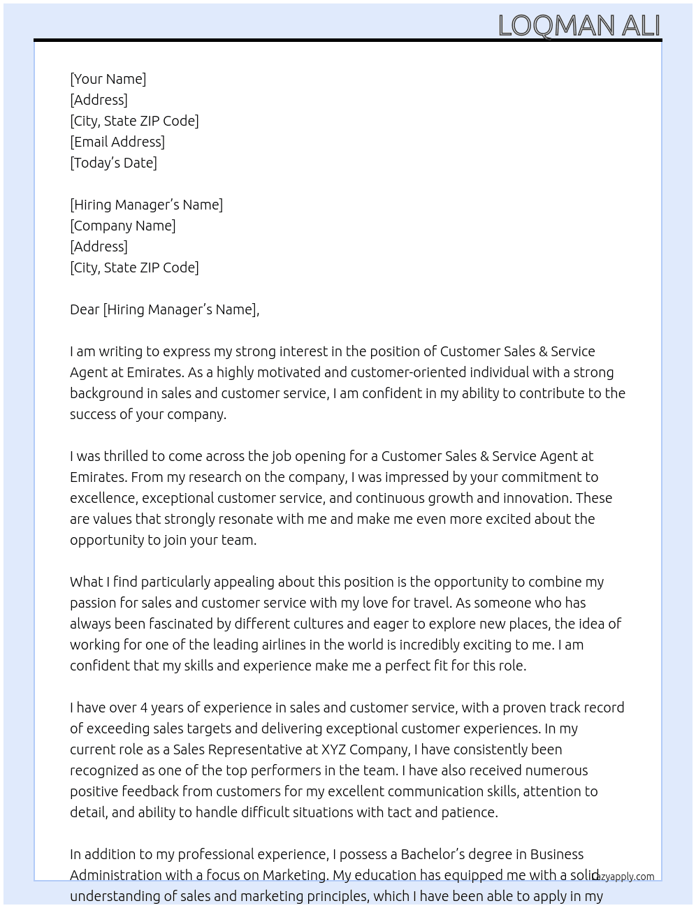 CUSTOMER SALES & SERVICE AGENT  At Emirates Cover Letter