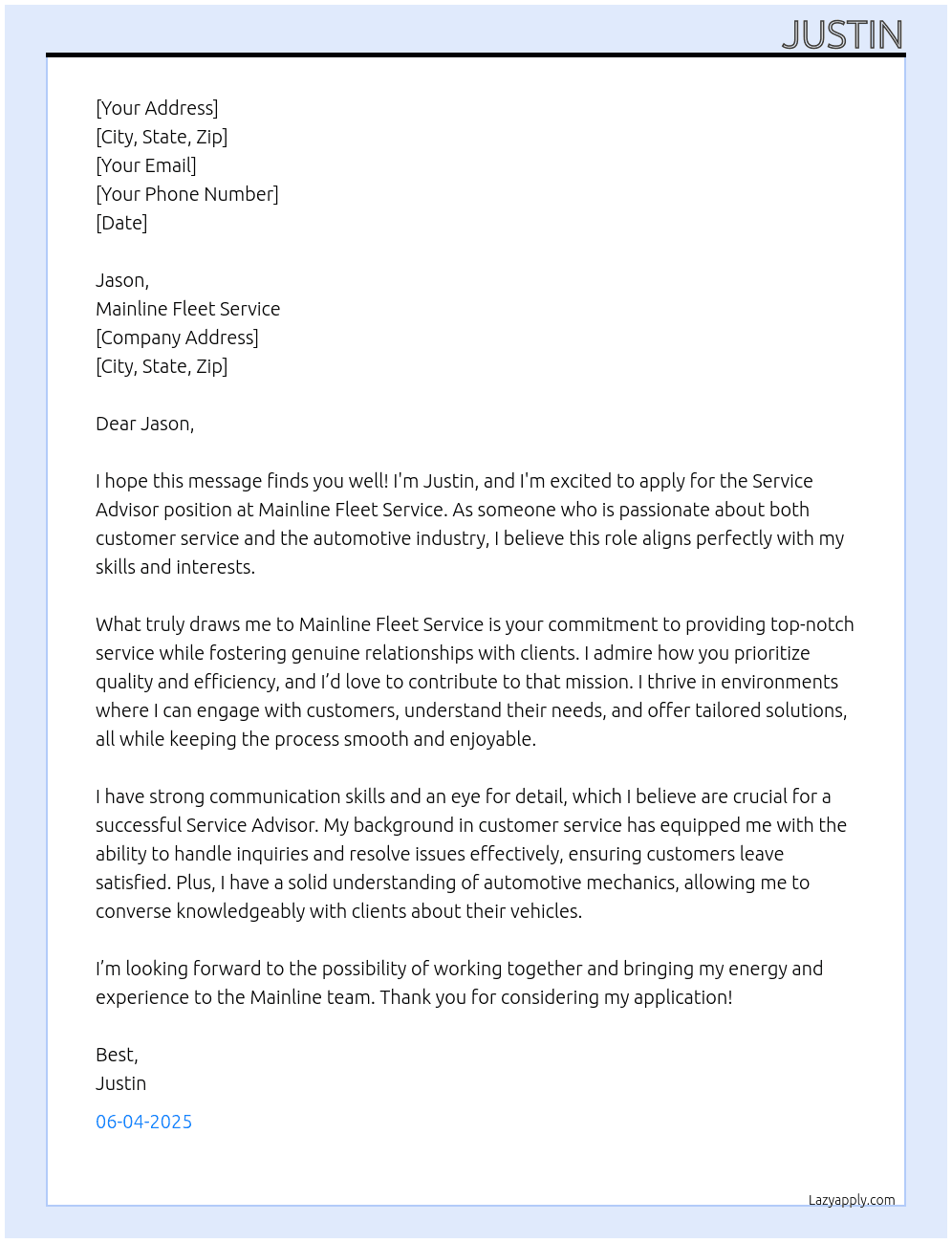 Service Advisor  At Mainline Fleet Service Cover Letter