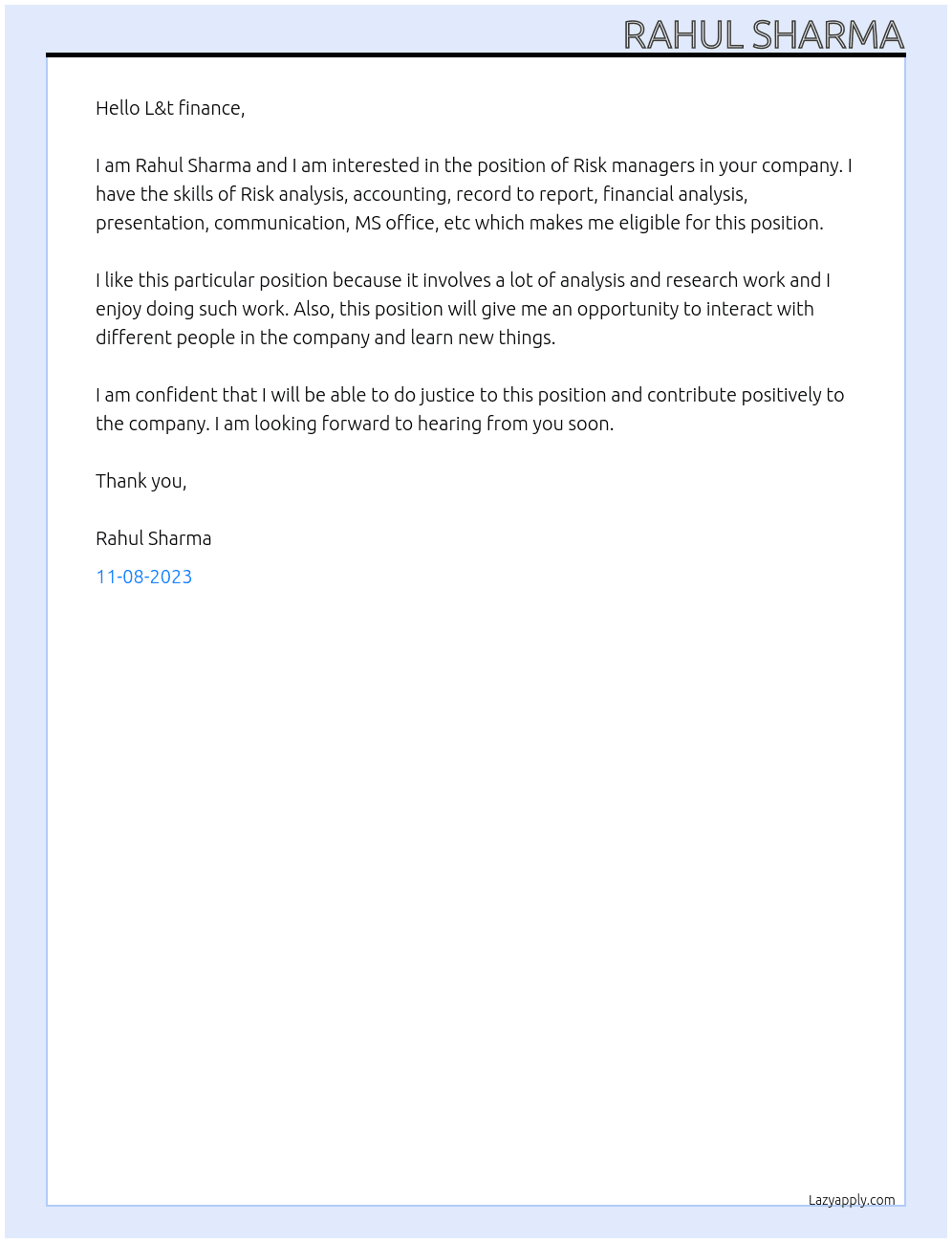Risk managers At L&t finance Cover Letter