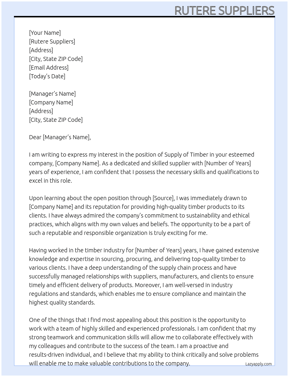SUPPLY OF TIMBER IN A COMPANY At THADCO Cover Letter
