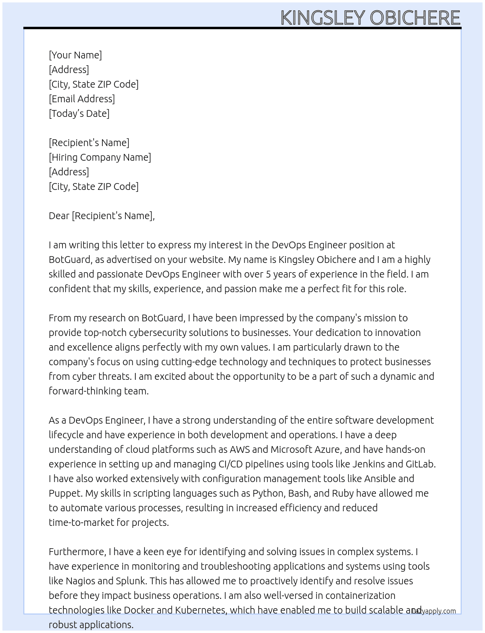 DevOps Engineer At BotGuard Cover Letter