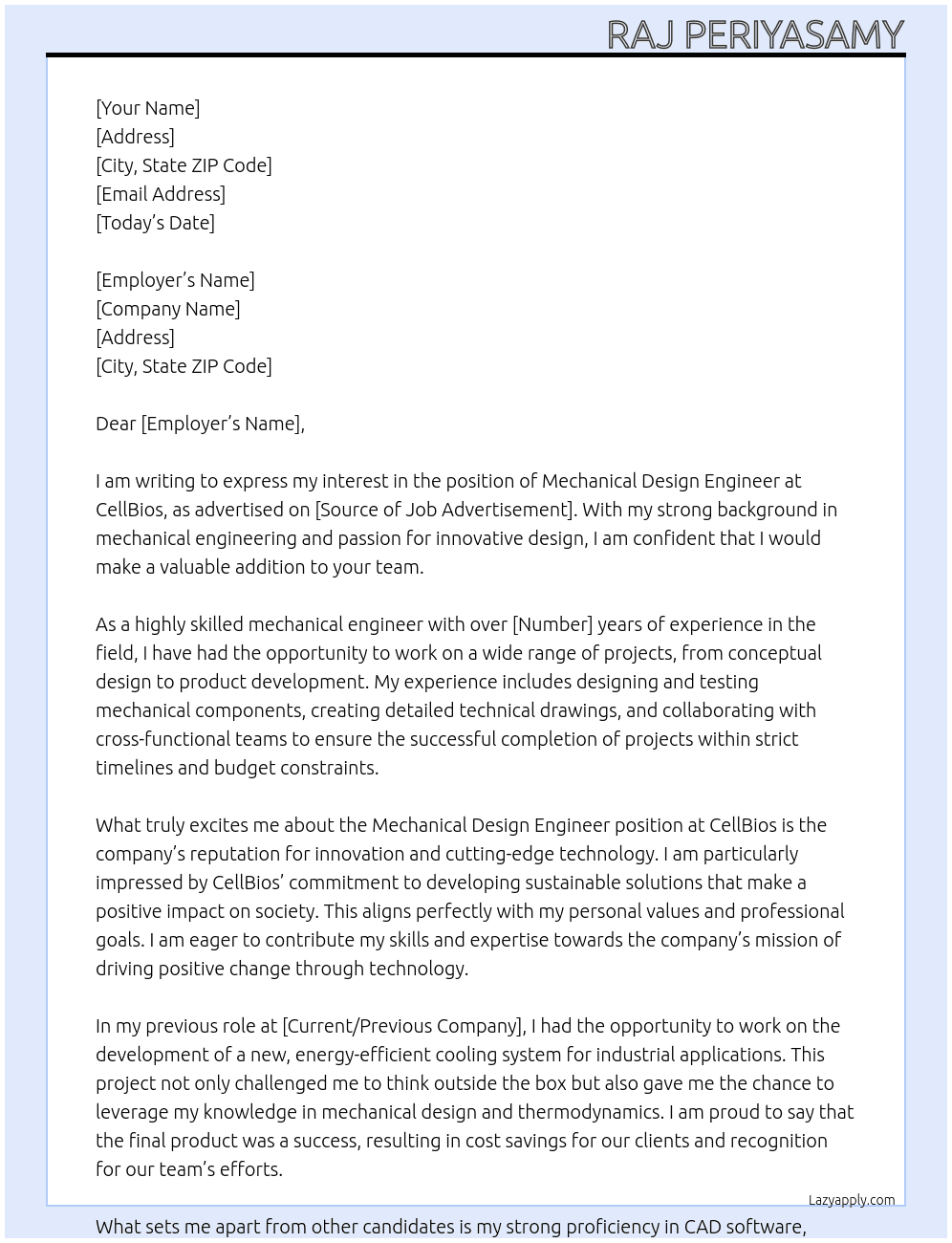 Mechanical design  engineer At CellBios Cover Letter