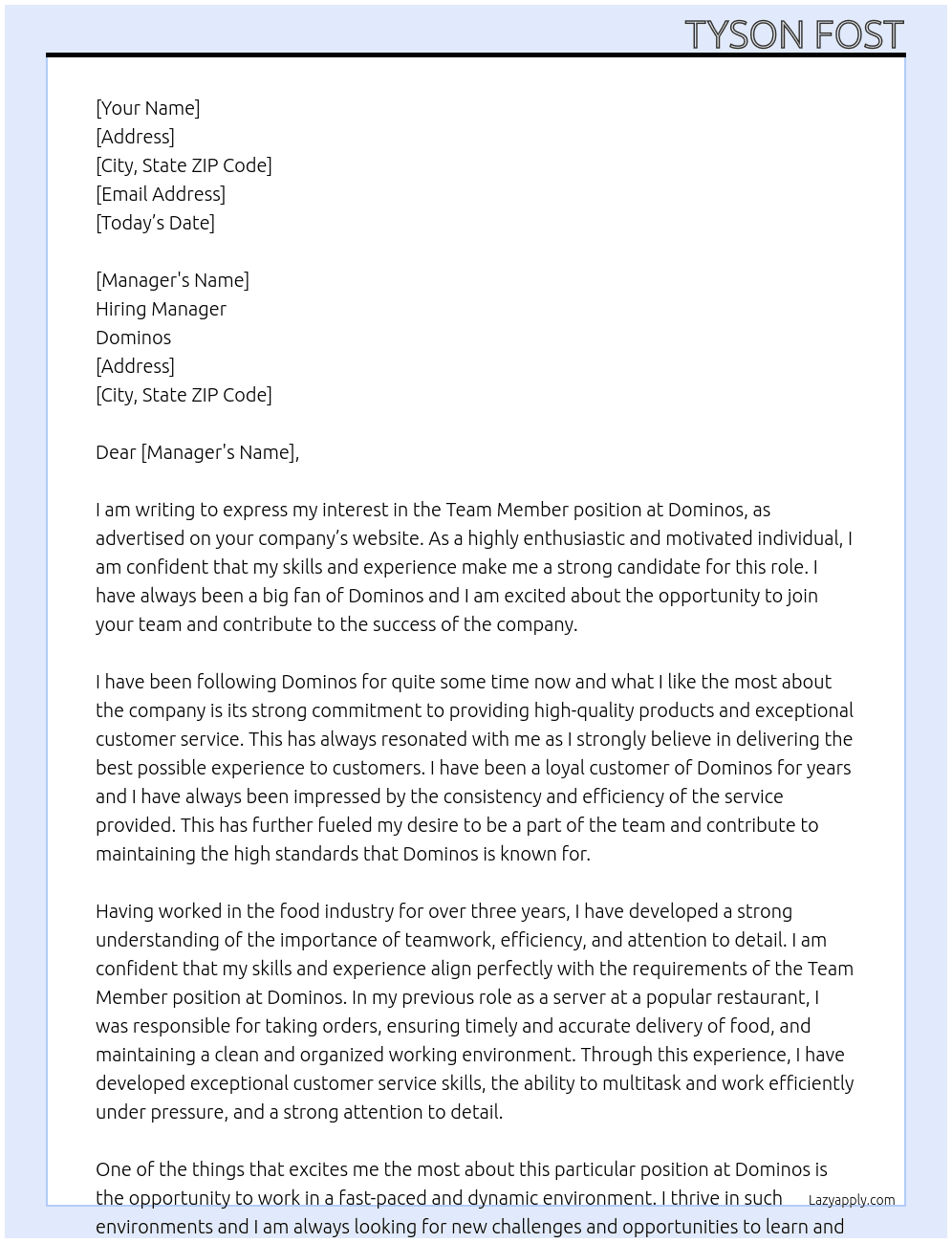Team Member At Dominos Cover Letter