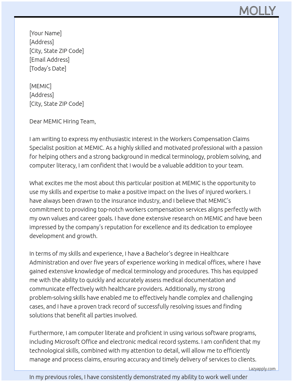 Workers compensation claims specialist At MEMIC Cover Letter