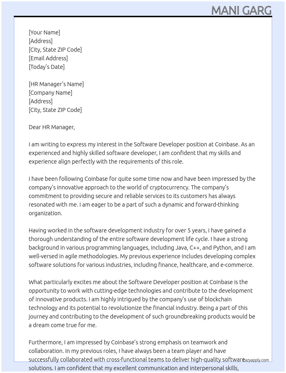 Software Developer At Coinbase Cover Letter