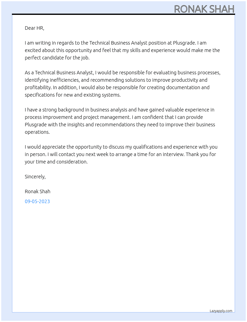 Technical Business Analyst At Plusgrade Cover Letter