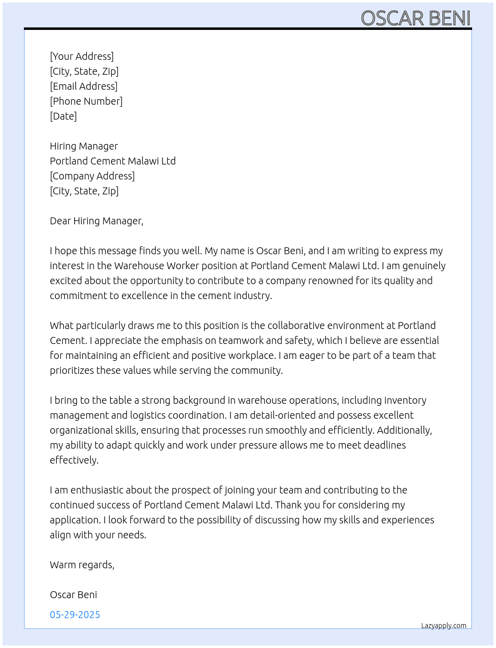 Warehouse worker At Portland Cement Malawi Ltd Cover Letter