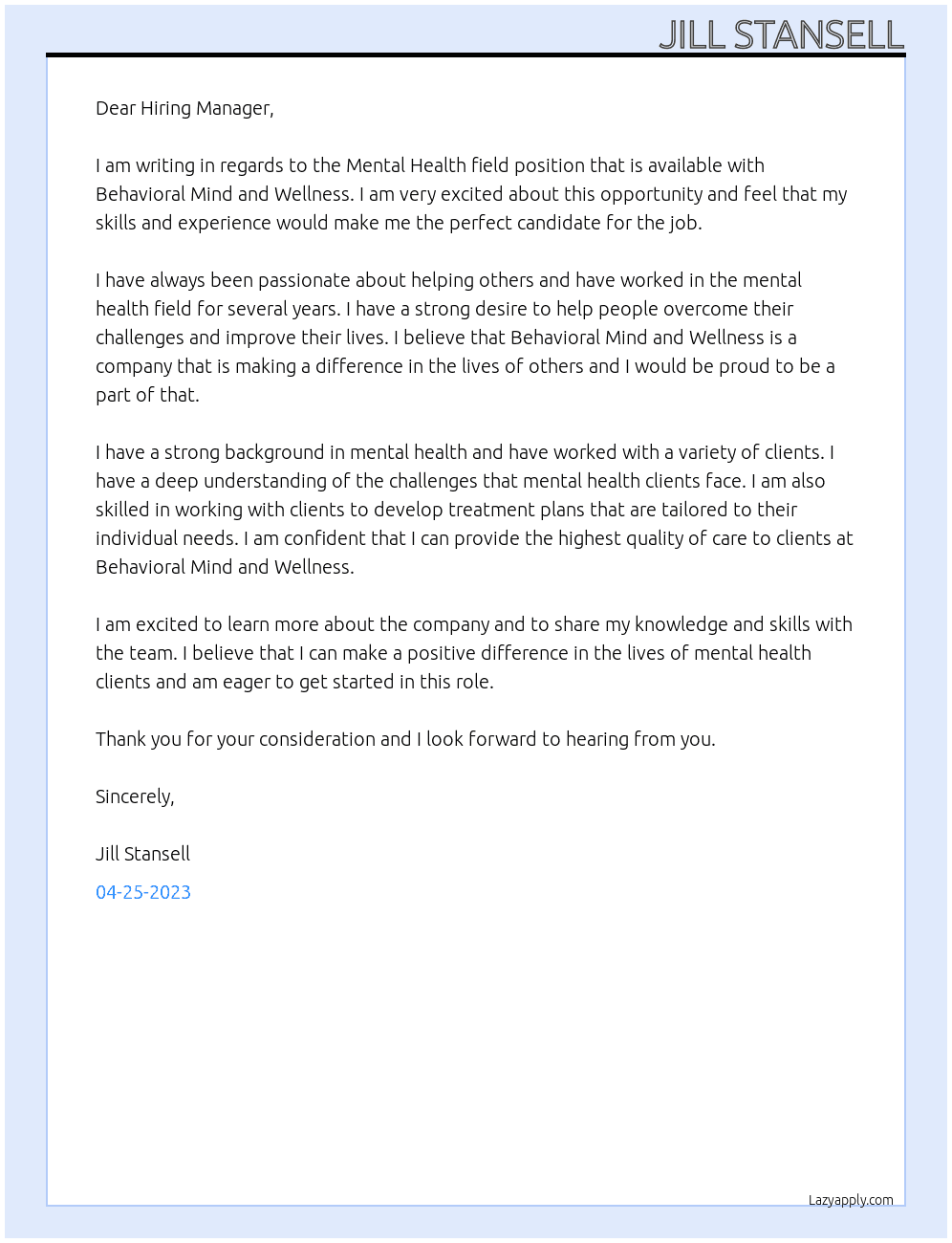 Mental health field At Behavioral Mind and Wellness Cover Letter
