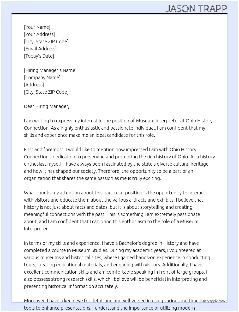 Museum Interpreter At Ohio History Connection Cover Letter