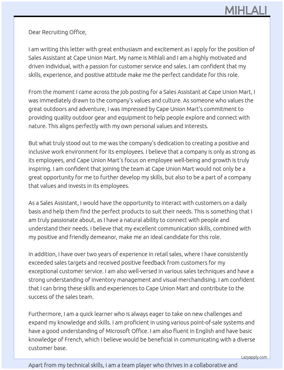Sales Assistant At Cape Union Marr  Cover Letter