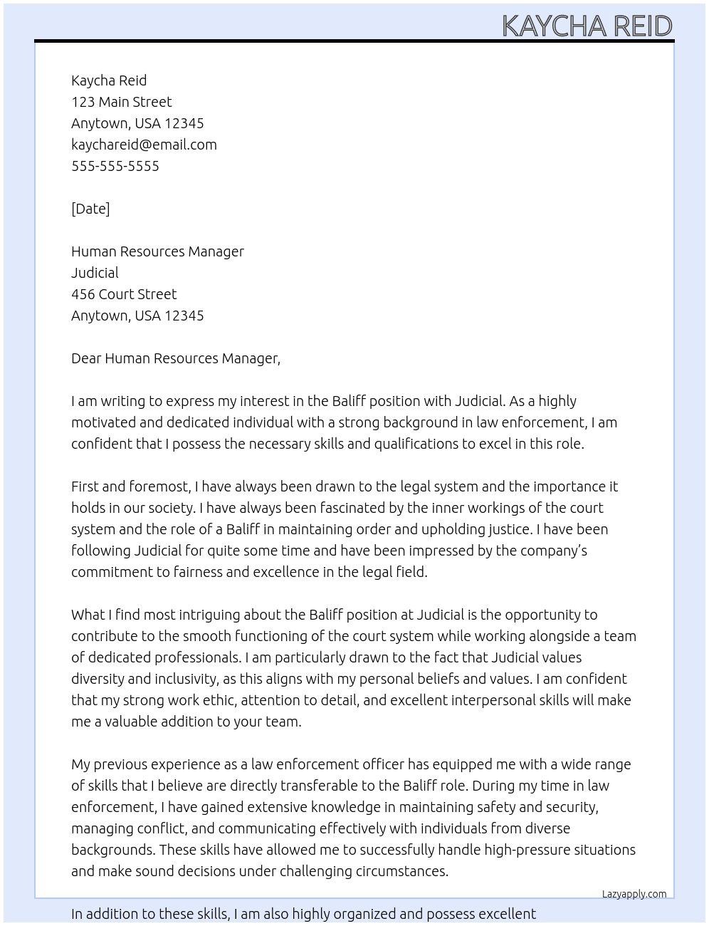 Baliff At Judicial  Cover Letter