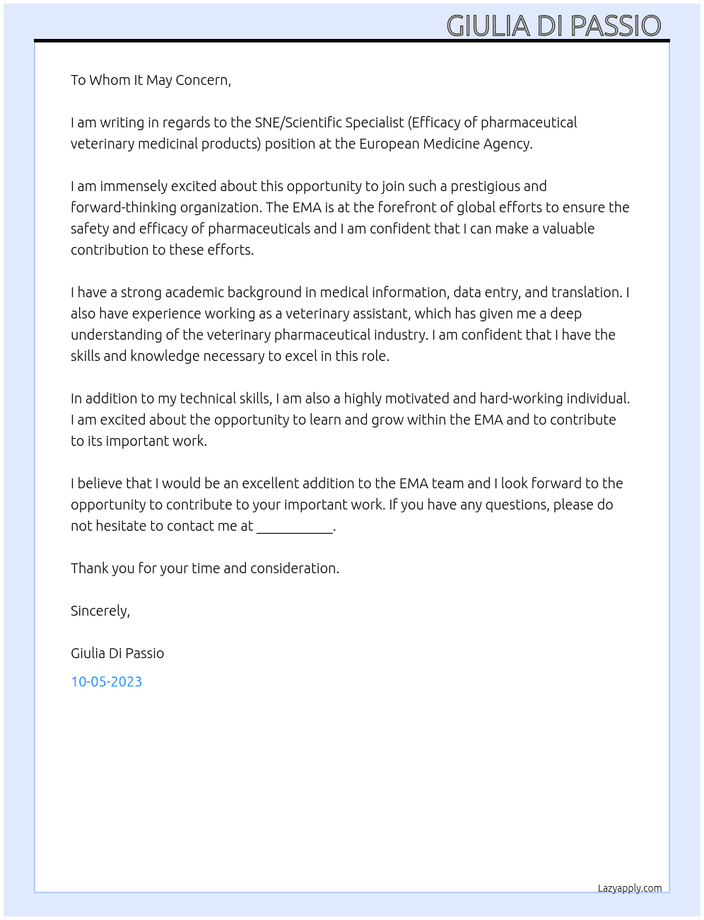SNE/Scientific Specialist (Efficacy of pharmaceuttical veterinary medicinal products) At EMA Cover Letter