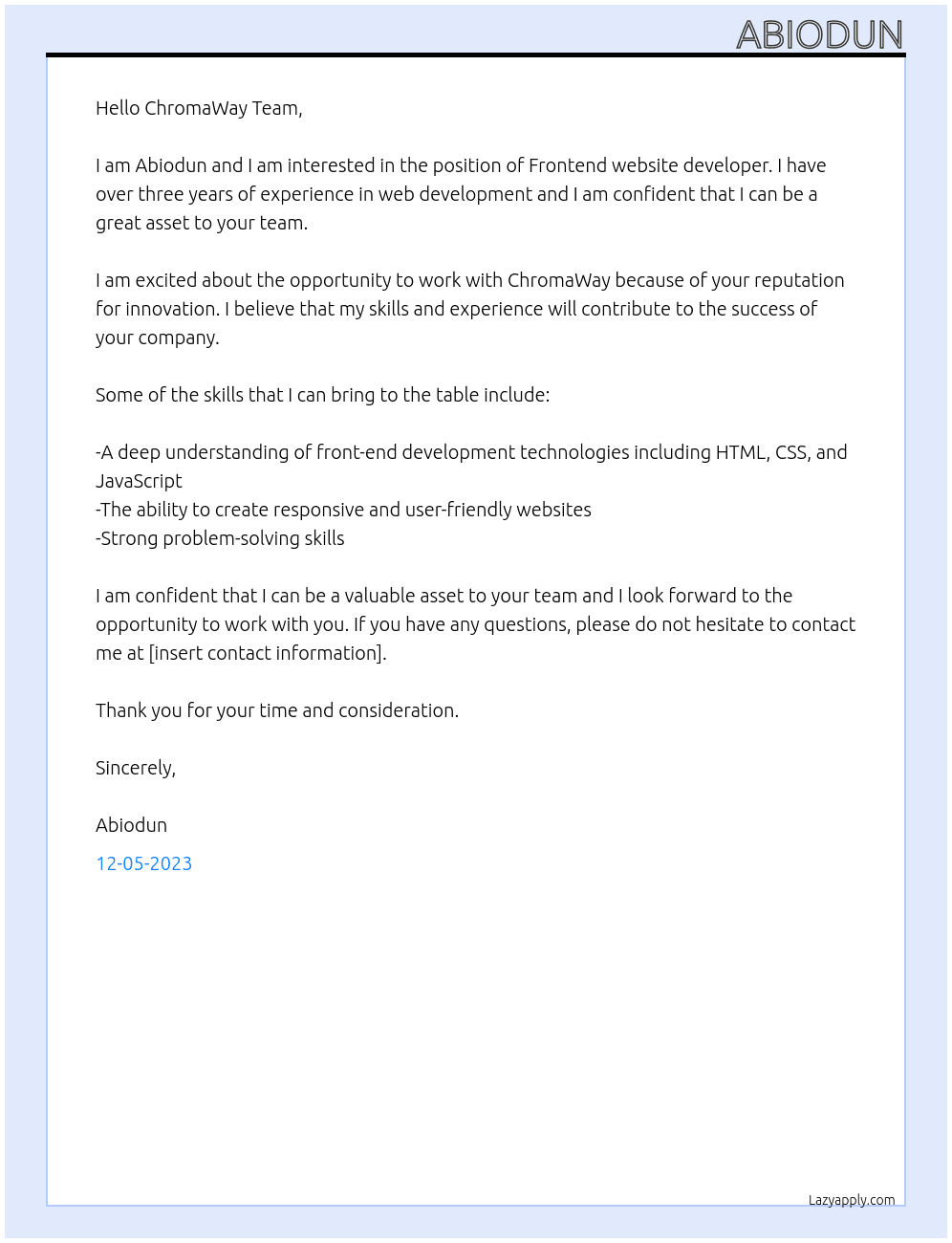 Frontend website developer  At ChromaWay Cover Letter