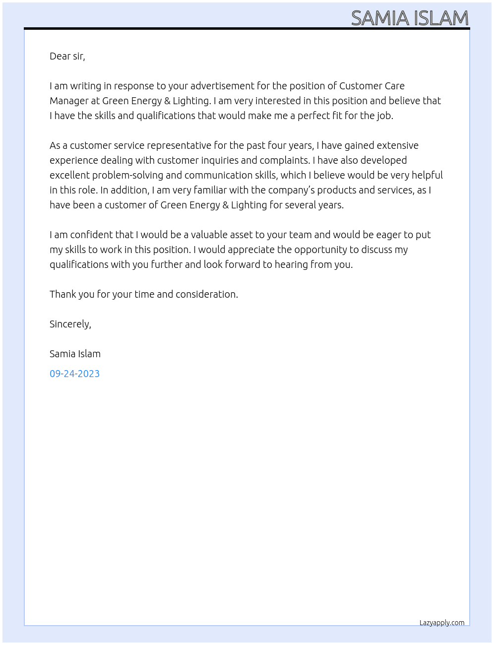 Customer Care Manager At Green Energy & Lighting Cover Letter