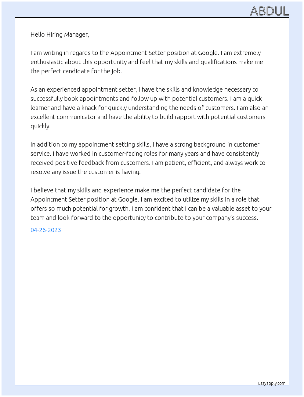 Appointment Setter At Google Cover Letter