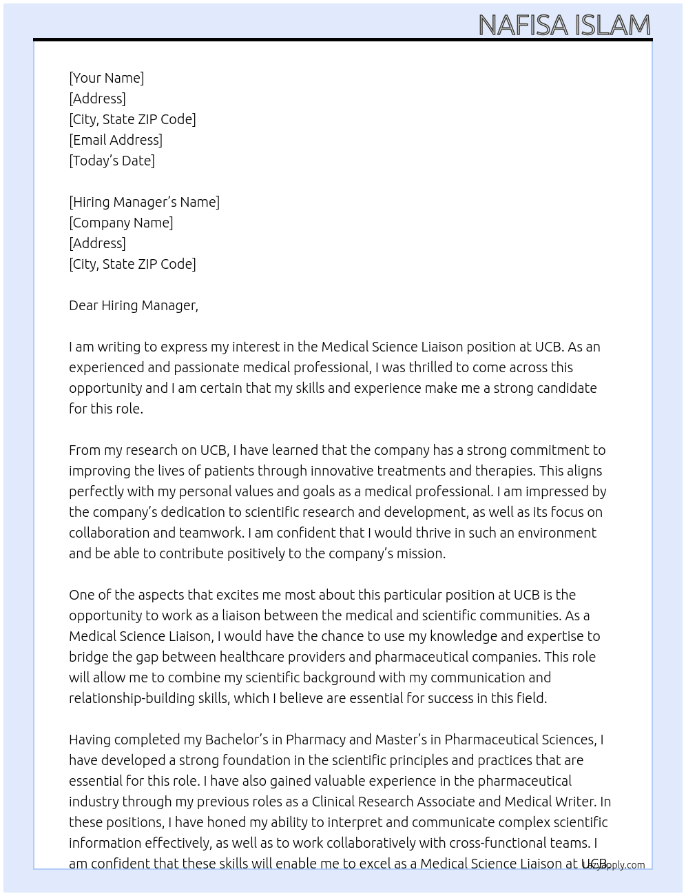 Medical Science Liaison  At UCB  Cover Letter