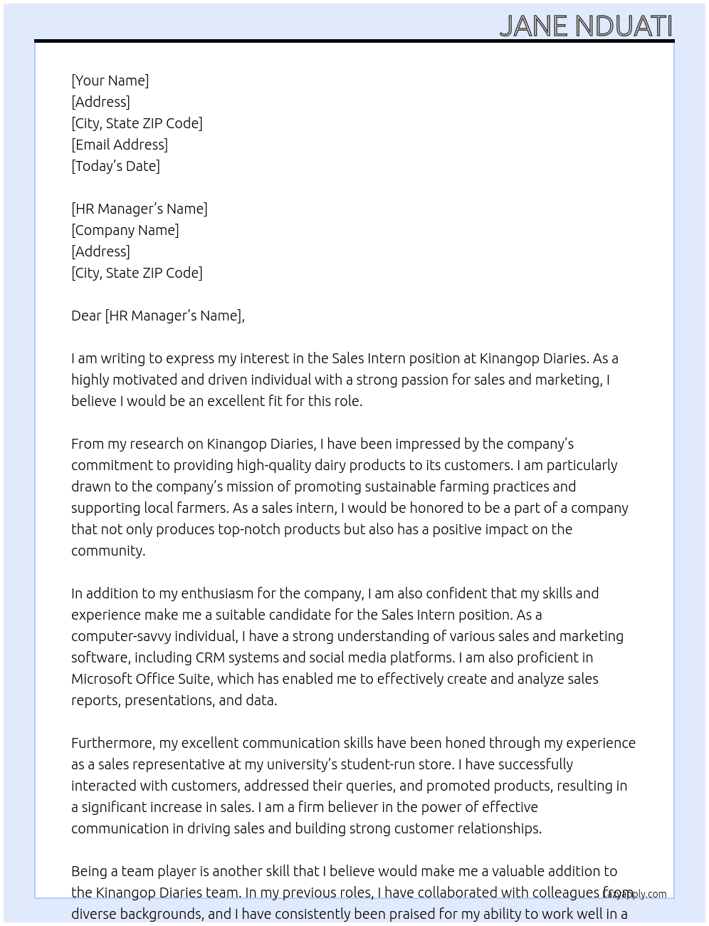Sales intern At Kinangop diaries Cover Letter
