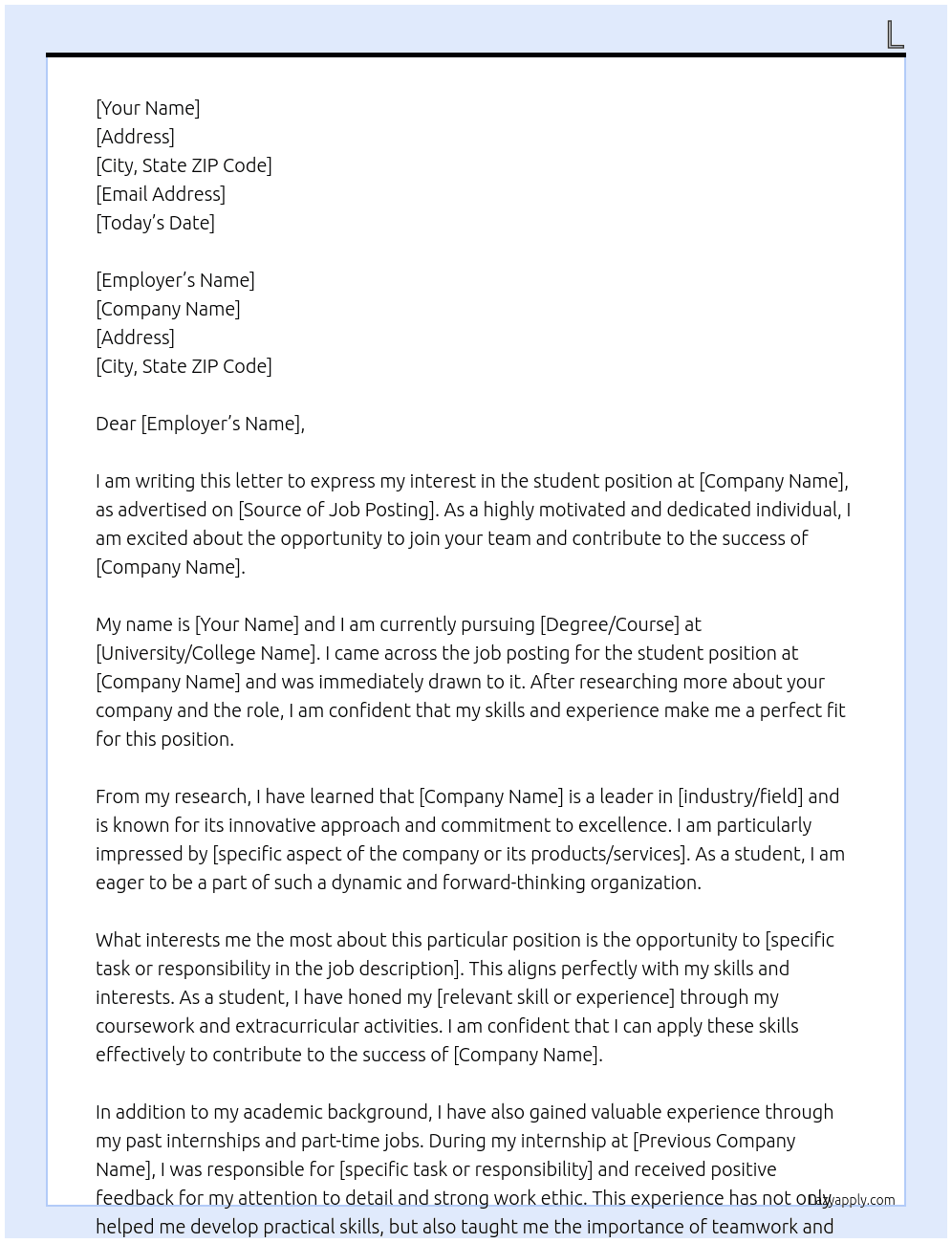 student At k Cover Letter