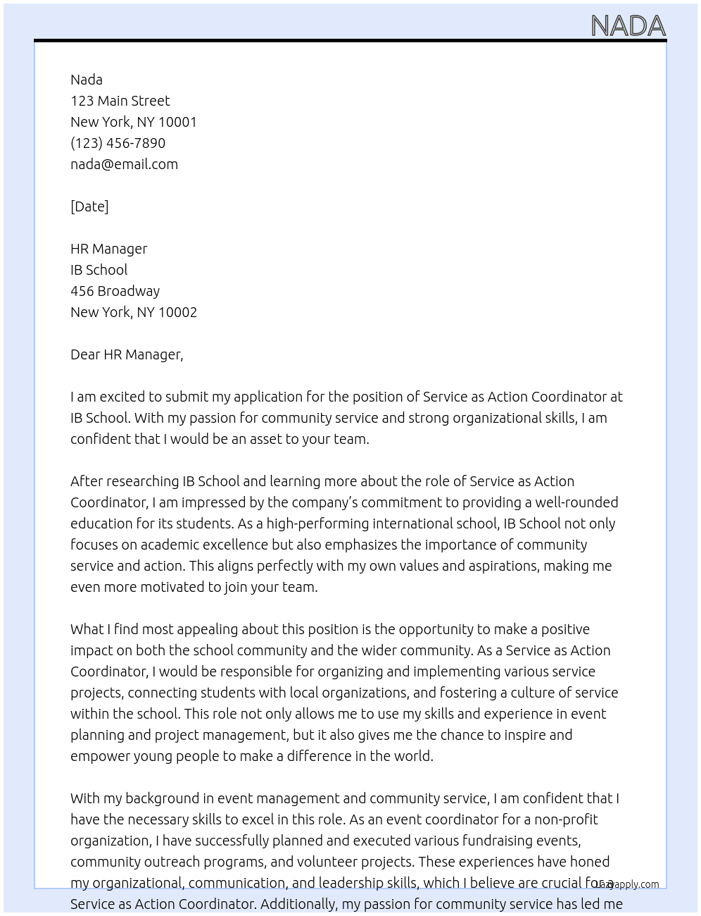 Service as action coordinator At IB school Cover Letter
