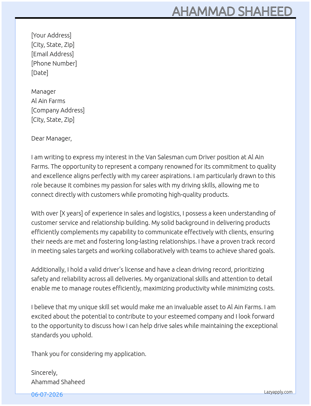  Van salesman cum driver  At Al ain farms Cover Letter