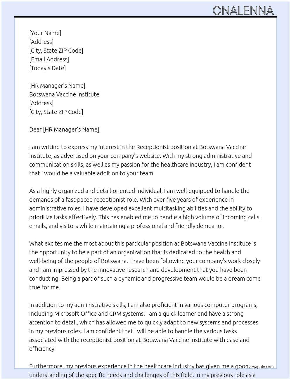 Receptionist At Botswana Vaccine Institute  Cover Letter