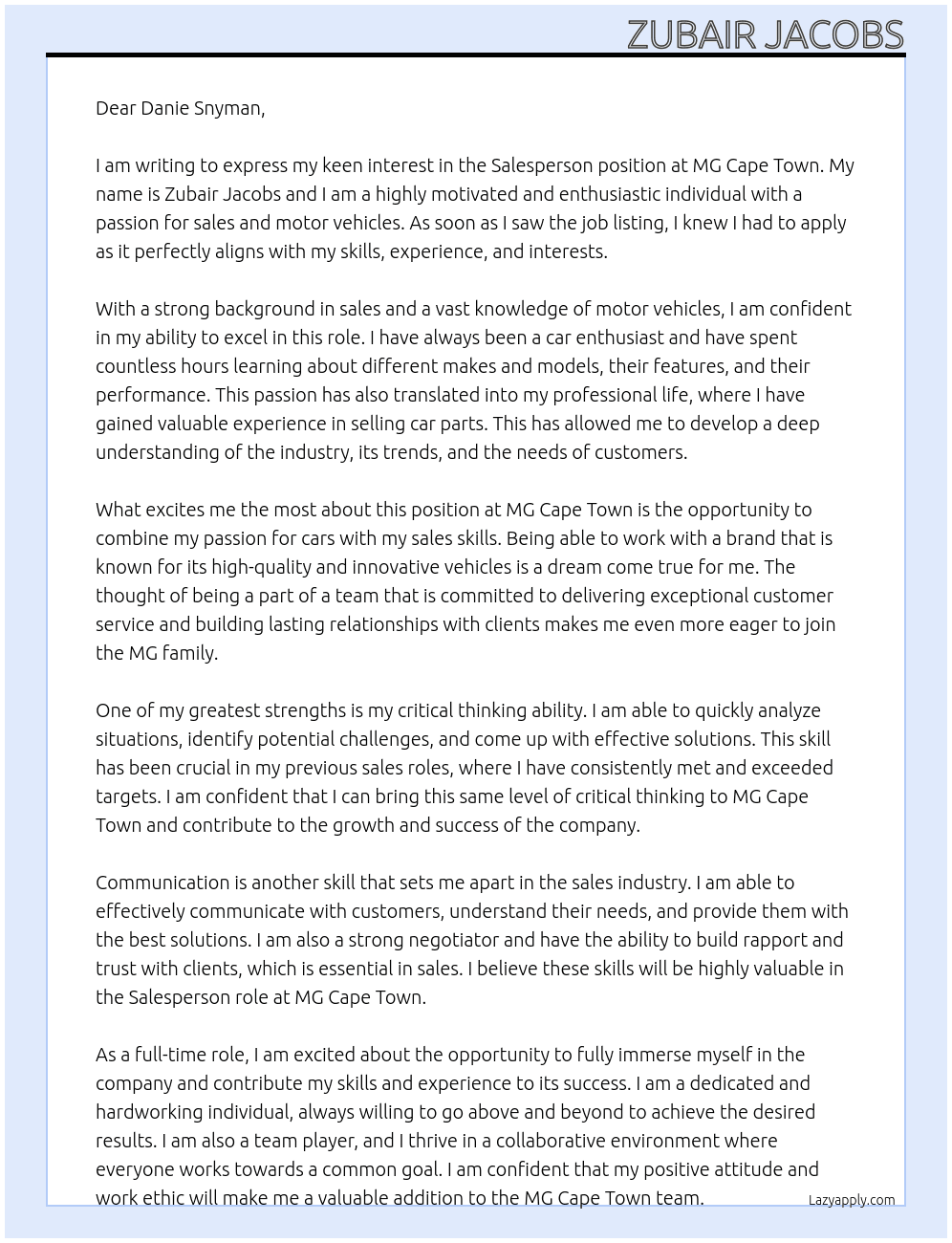 Salesperson  At MG Cape Town  Cover Letter