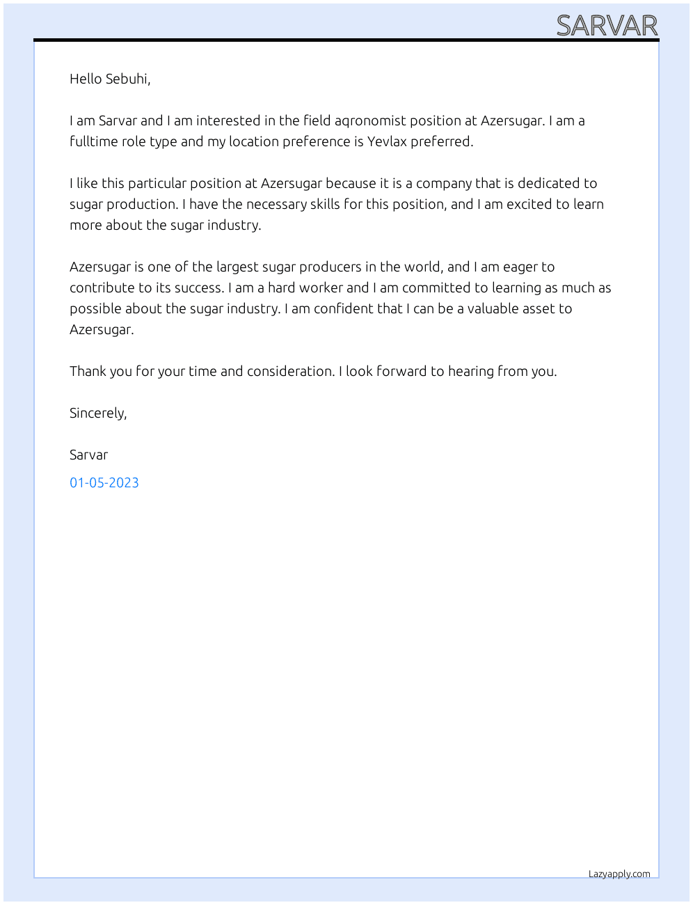 Cover letter for field aqronomist - LazyApply