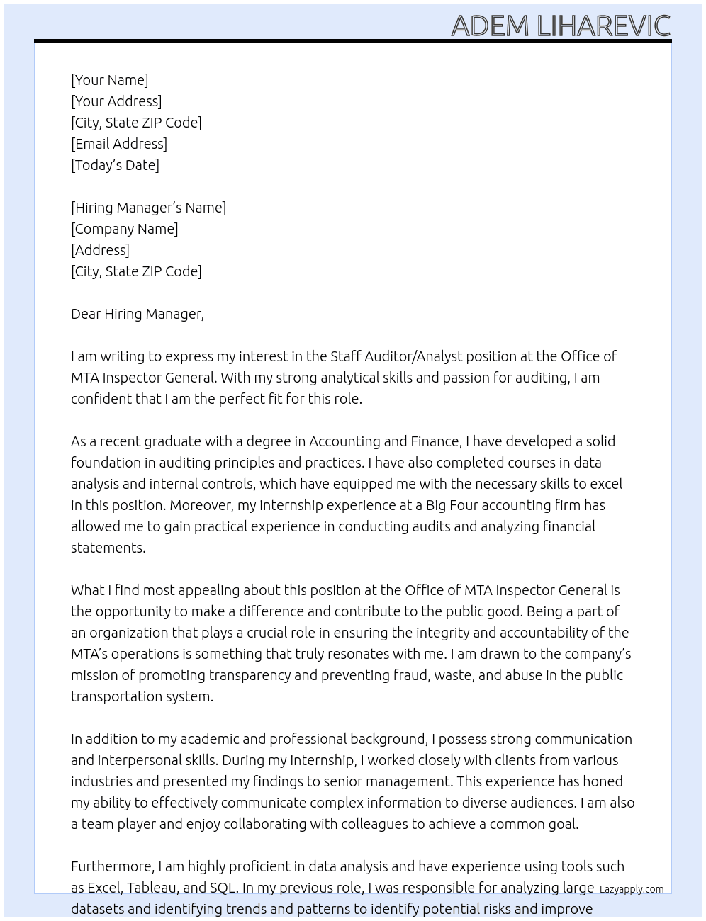 Staff Auditor/Analyst At Office of MTA Inspector General Cover Letter