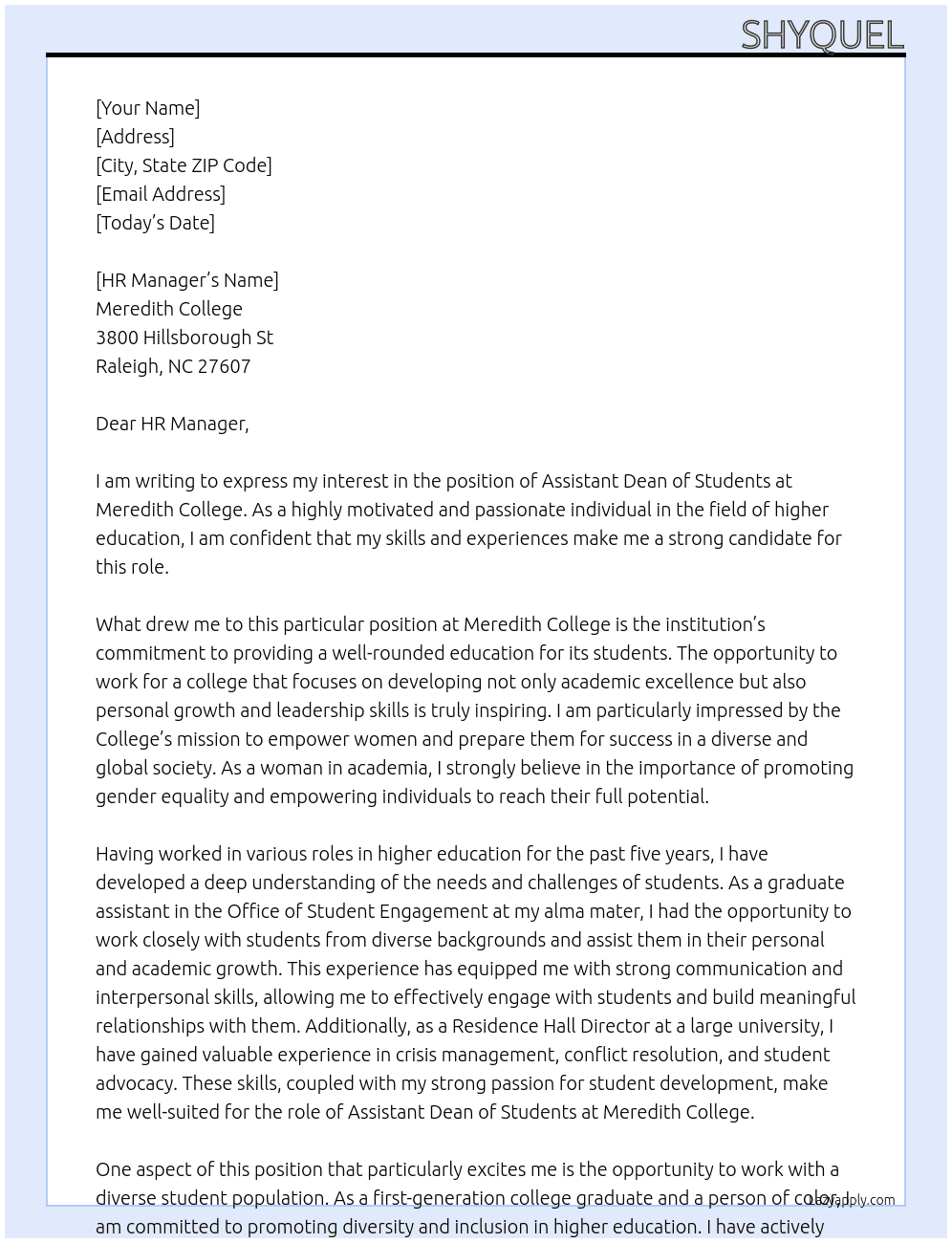 Assistant Dean of Students At Meredith College Cover Letter