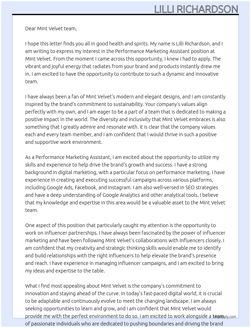 Performance Marketing assistant  At Mint Velvet Cover Letter