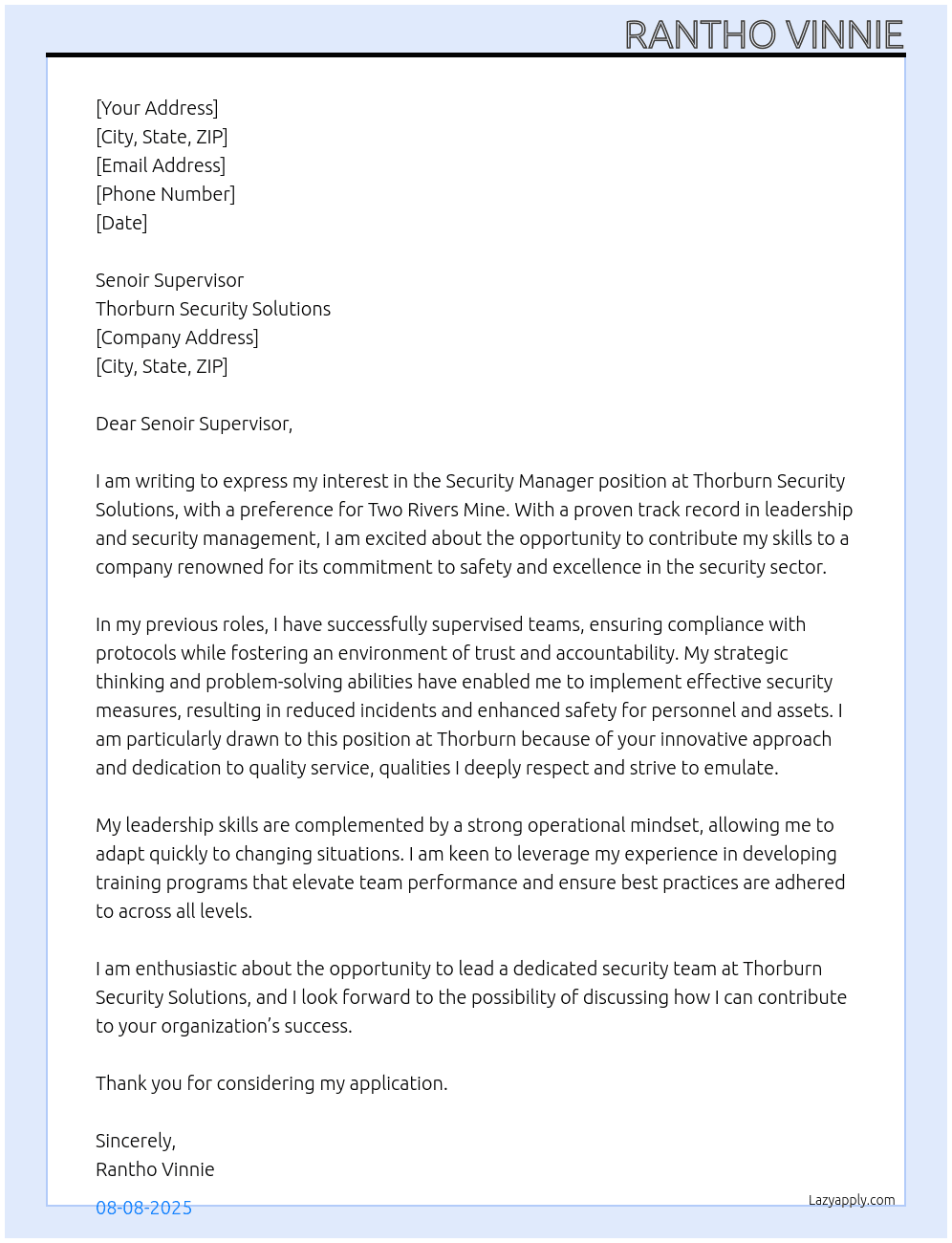 Security Manager At Thorburn Security solution Cover Letter