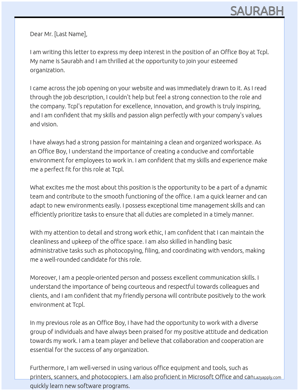 Office boy At Tcpl Cover Letter