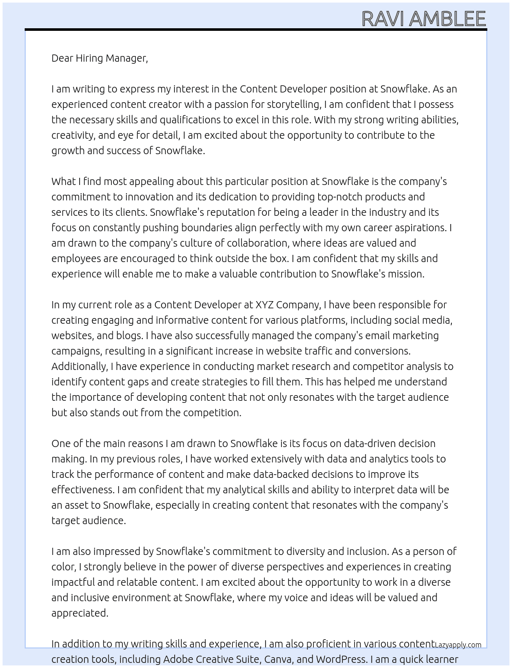 Content Developer At Snowflake Cover Letter