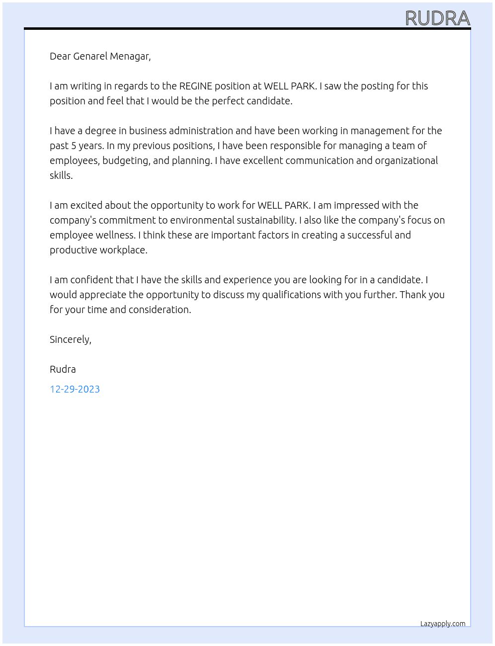 REGINE At WELL PARK  Cover Letter