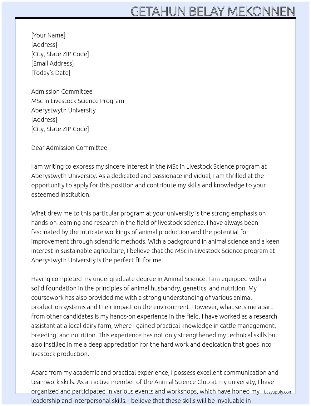 Cover letter for msc in livestock science - LazyApply