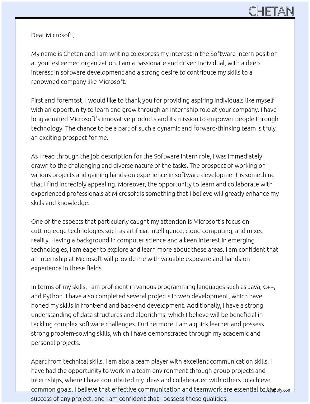 Software Intern At Microsoft Cover Letter
