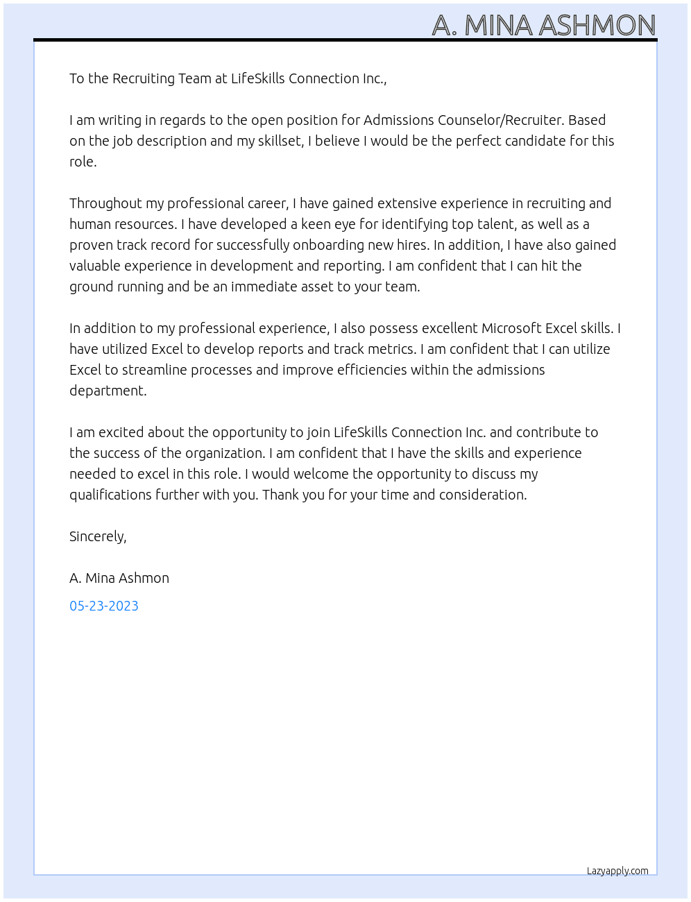 Admissions Counselor/Recruiter At LifeSkills Connection Inc. Cover Letter