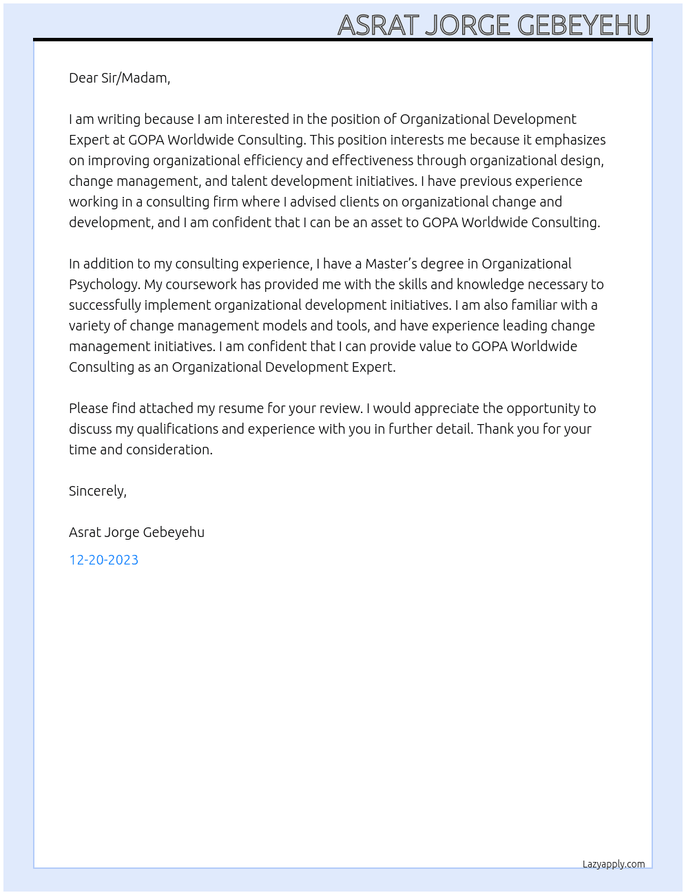 Organizational Development Expert At GOPA Worldwide Consulting Cover Letter