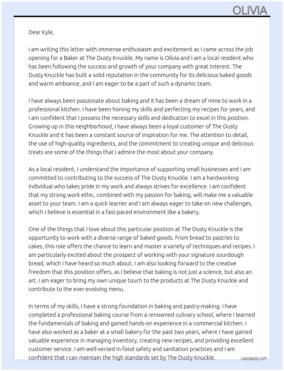 Baker At The Dusty Knuckle  Cover Letter