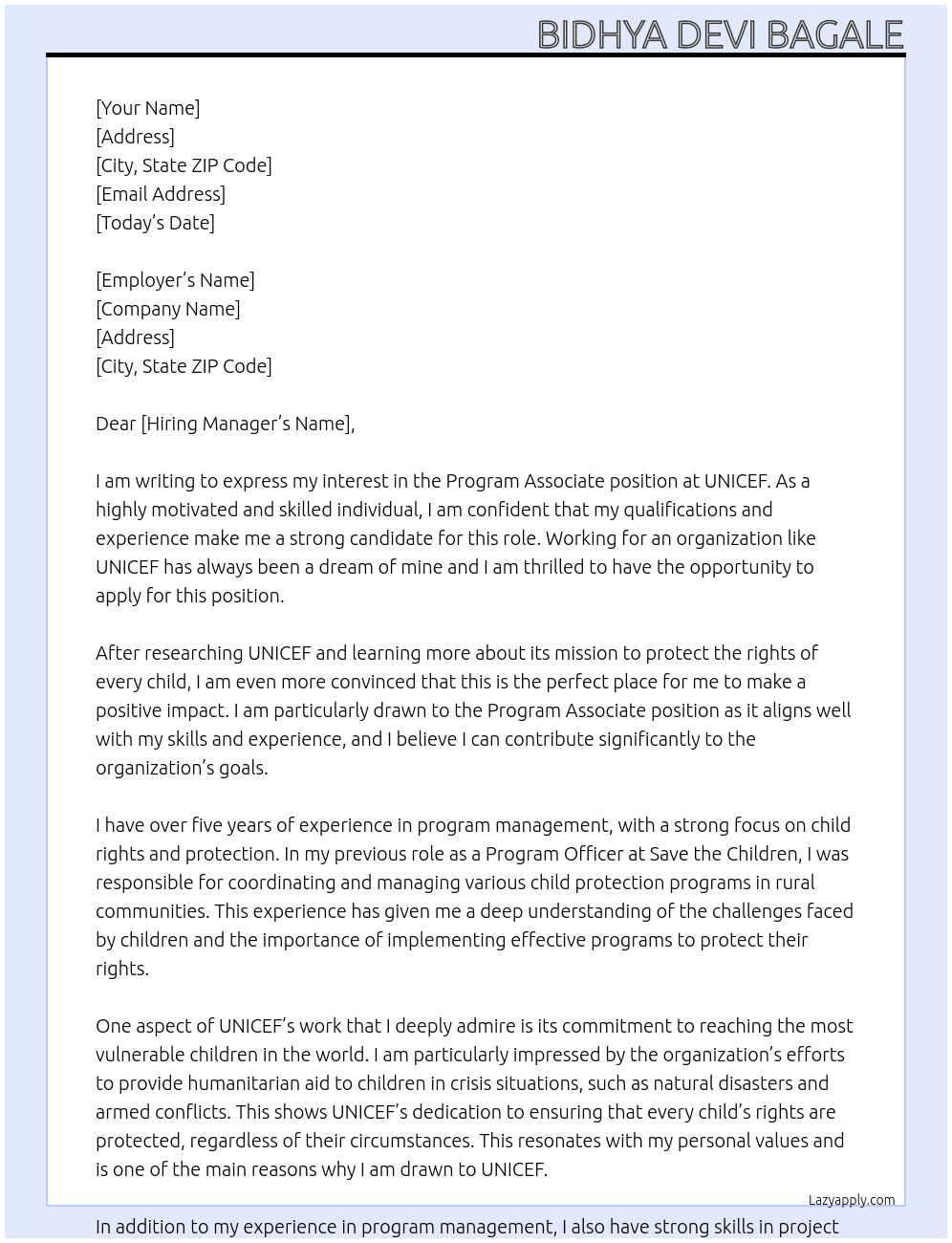 Program associate  At Unicief Cover Letter