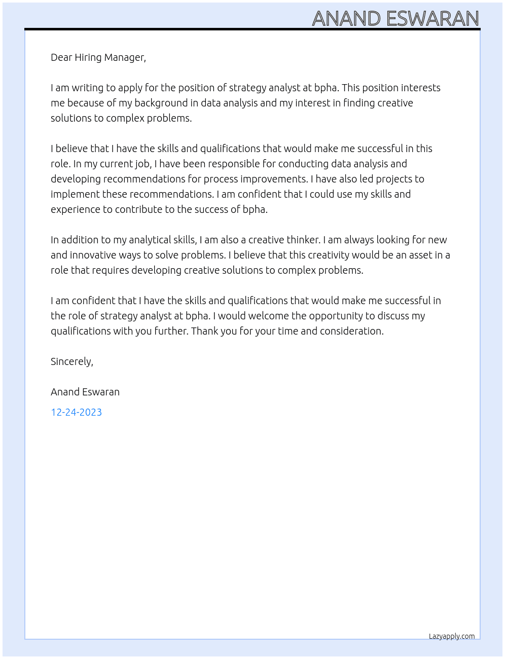 strategy analyst At bpha Cover Letter