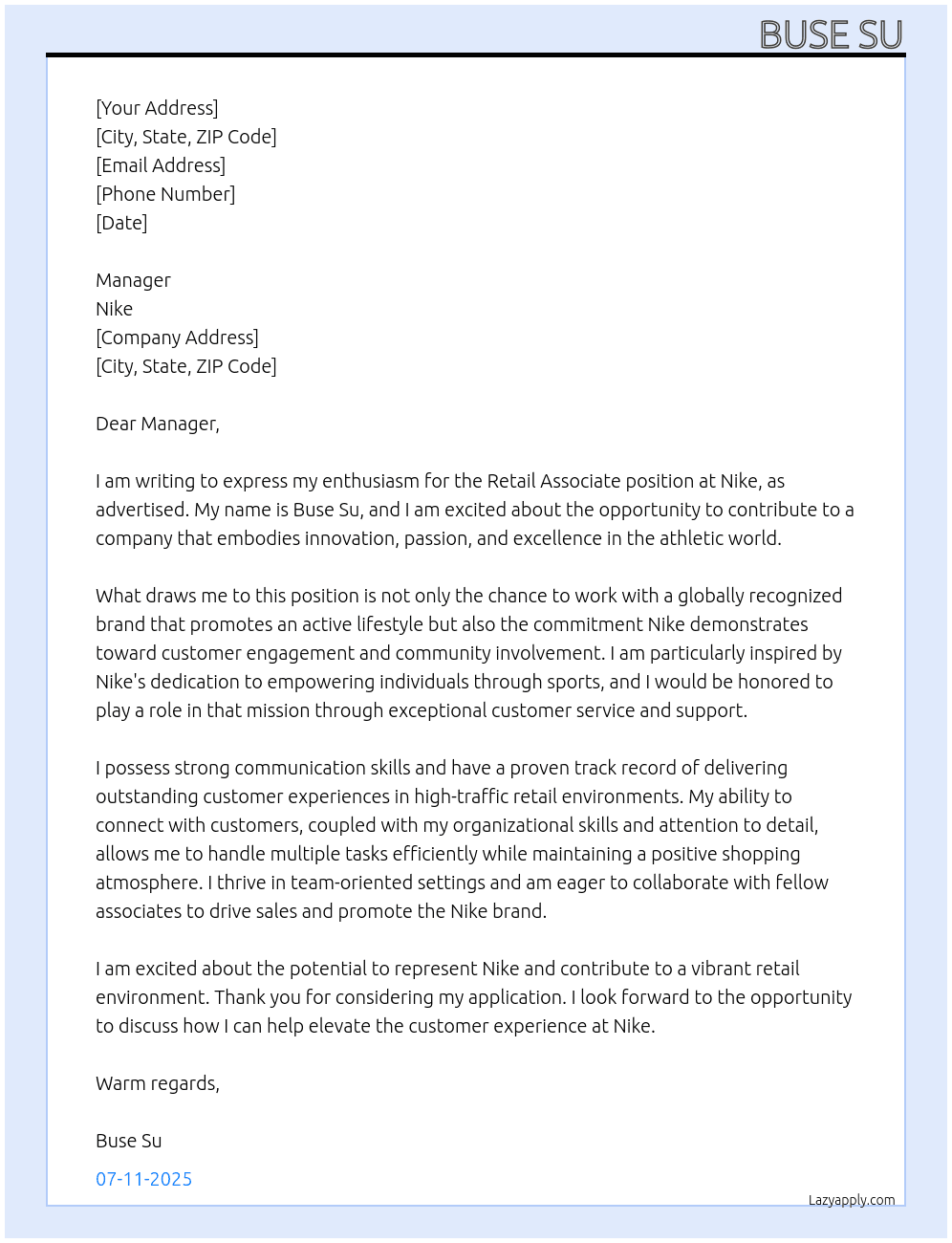 retail associate At Nike Cover Letter