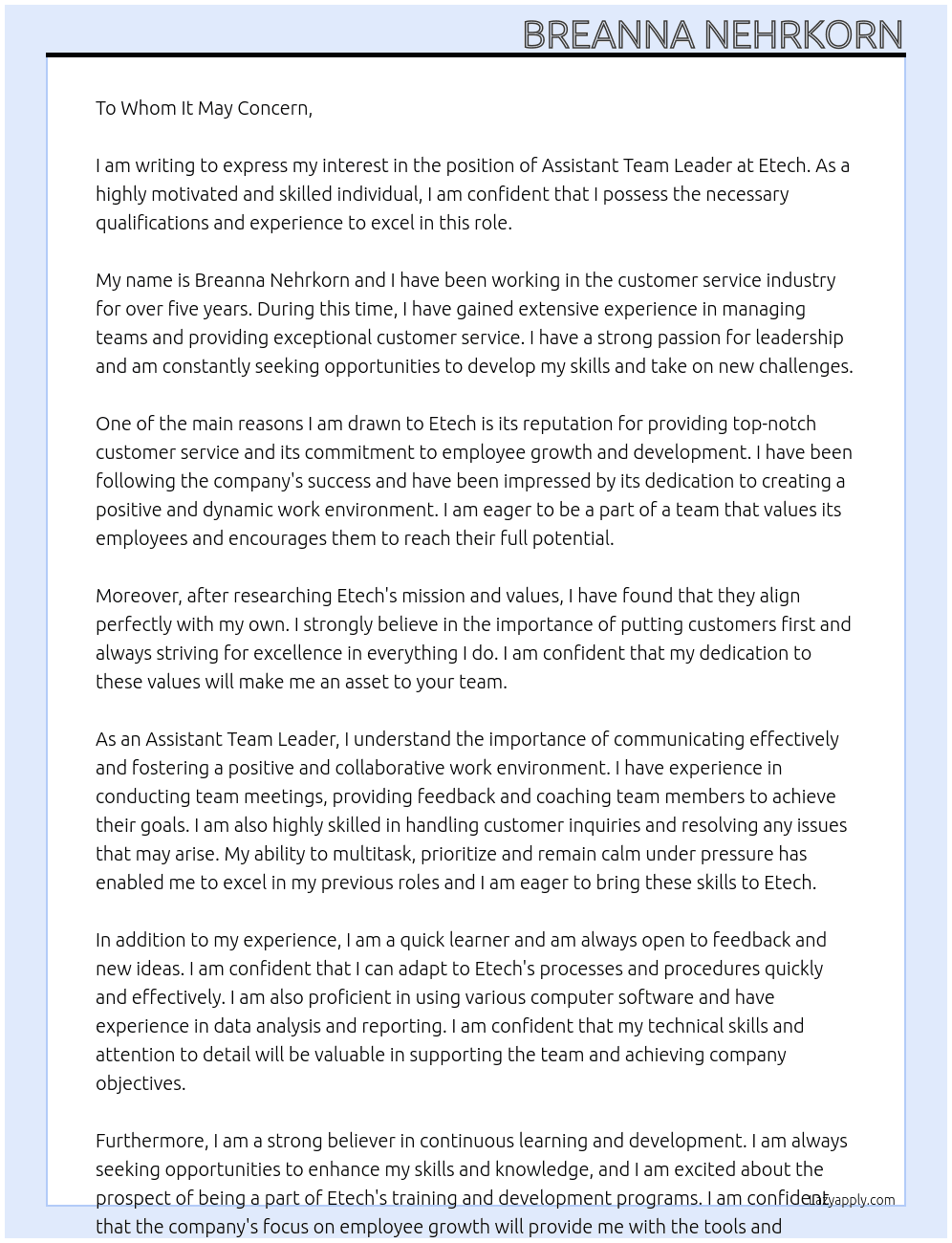 Assistant Team Ledar At Etech Cover Letter