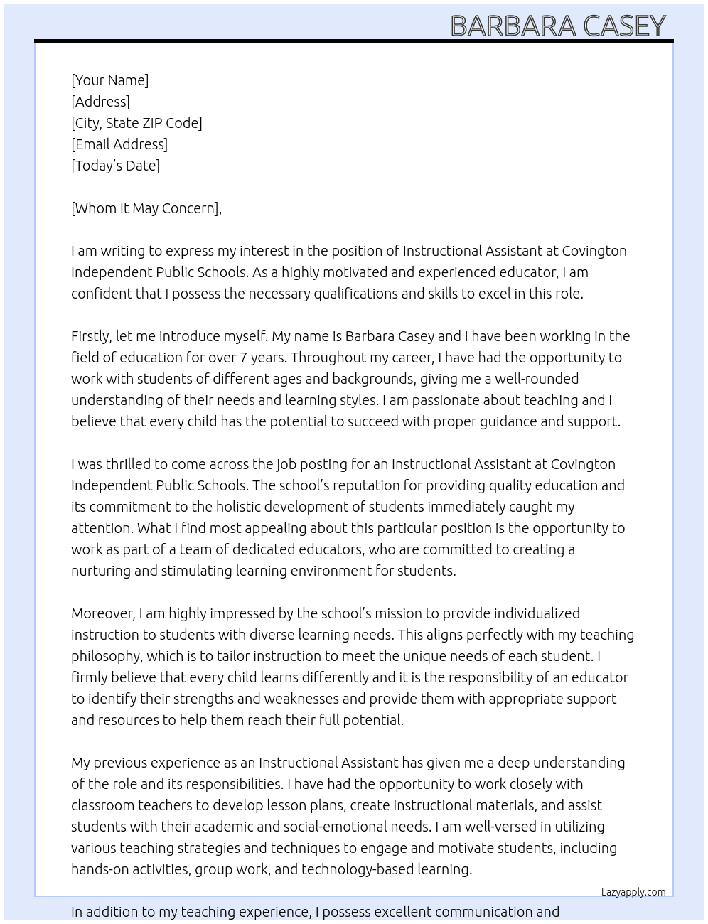 Instructional Assistant  At Covington Independent Public Schools  Cover Letter
