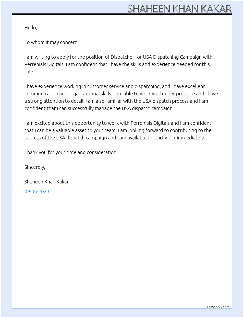 Dispatcher for USA Dispatching Campaign At Perrenials Digitals Cover Letter