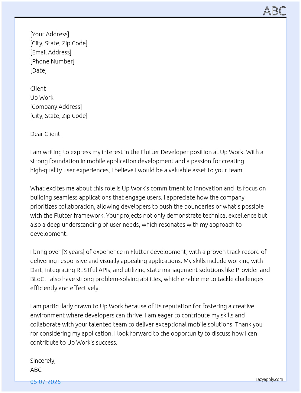 flutter development At up work Cover Letter