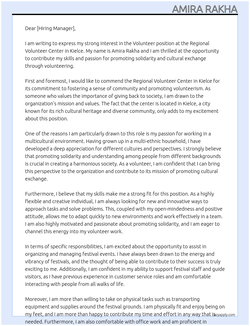 Volunteer At Regional Volunteer Center in Kielce Cover Letter