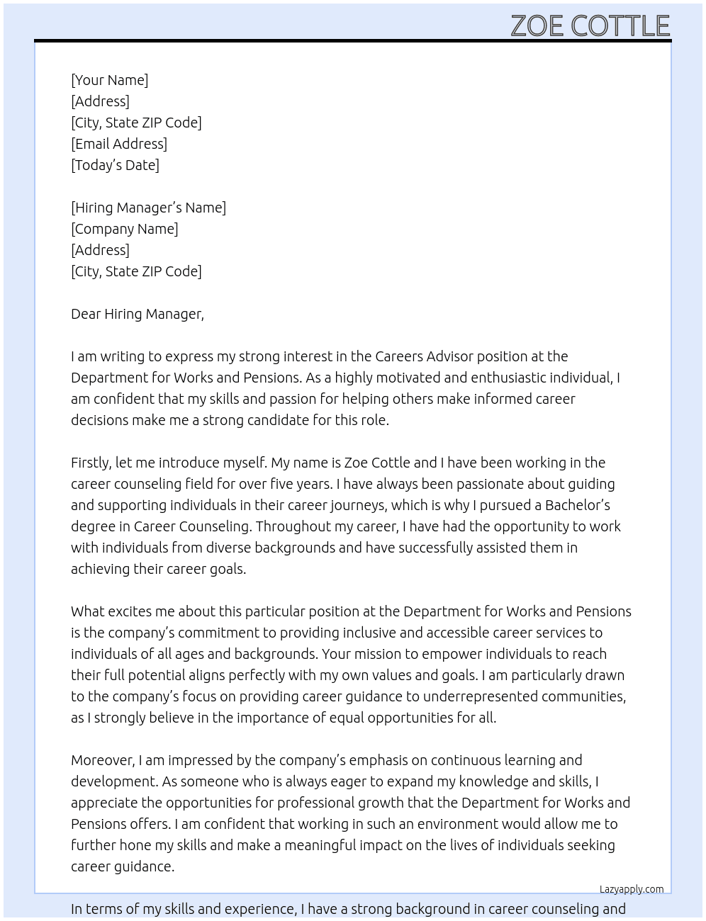 Careers Advisor At Department for Works and Pensions Cover Letter