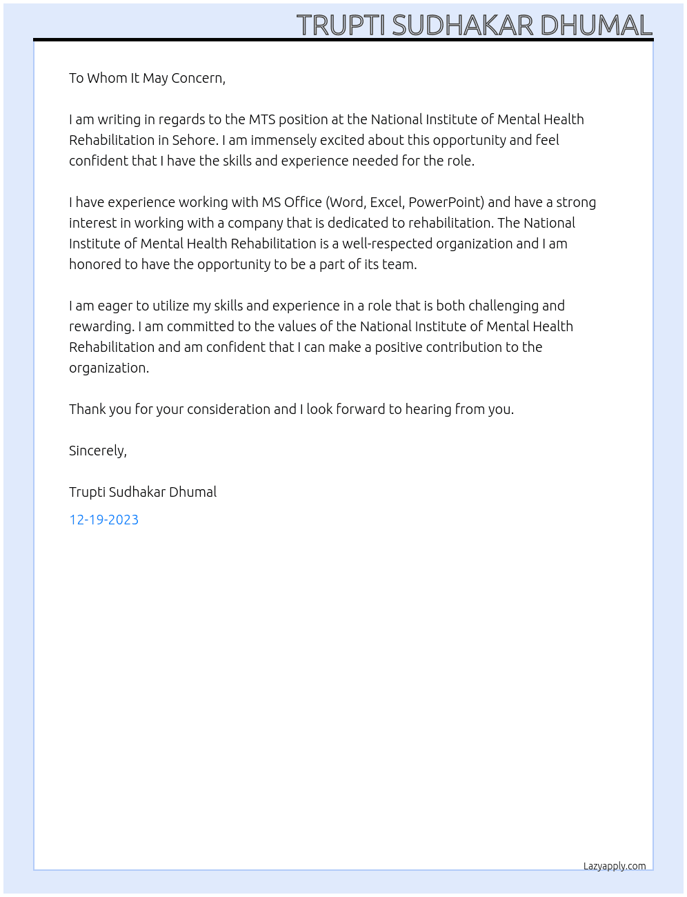 MTS At National Institute of Mental Health Rehabilitation,Sehore Cover Letter